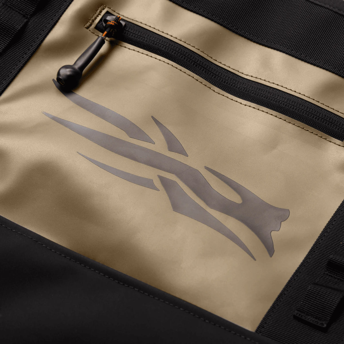 Tan tote bag interior pocket with zipper and logo graphic
