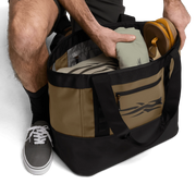 Open 40L tote bag in coyote and black with front zipper pocket and web handles