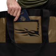 Black 40L tote bag with tan front panel, zipper pocket, and logo graphic