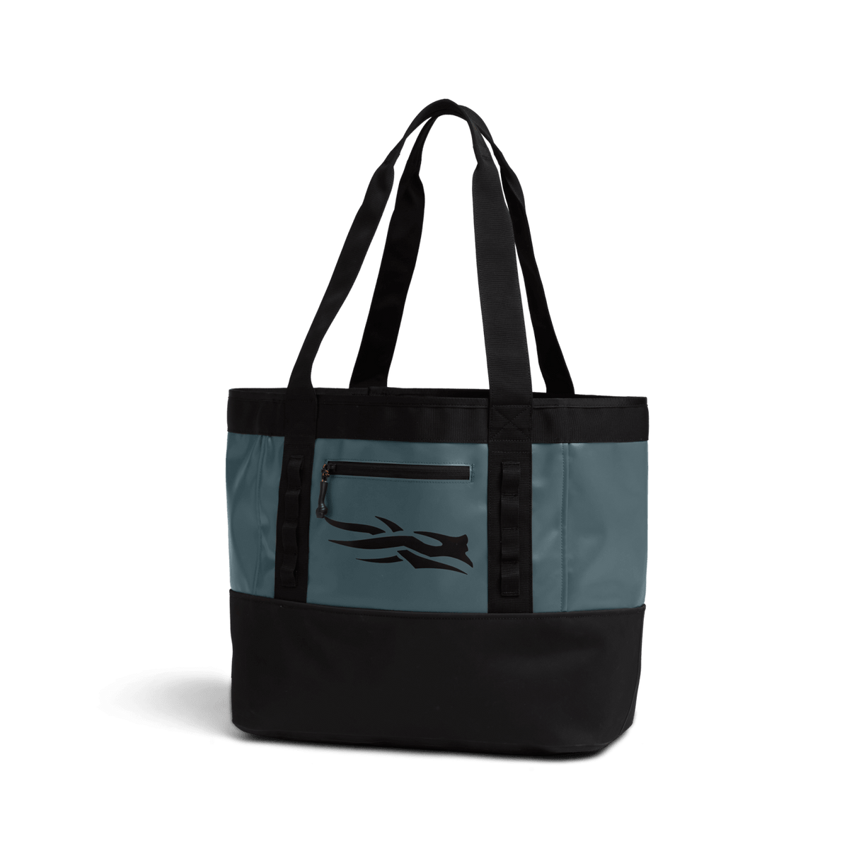 Blue and black 40L tote bag, front view with logo and top carry handles