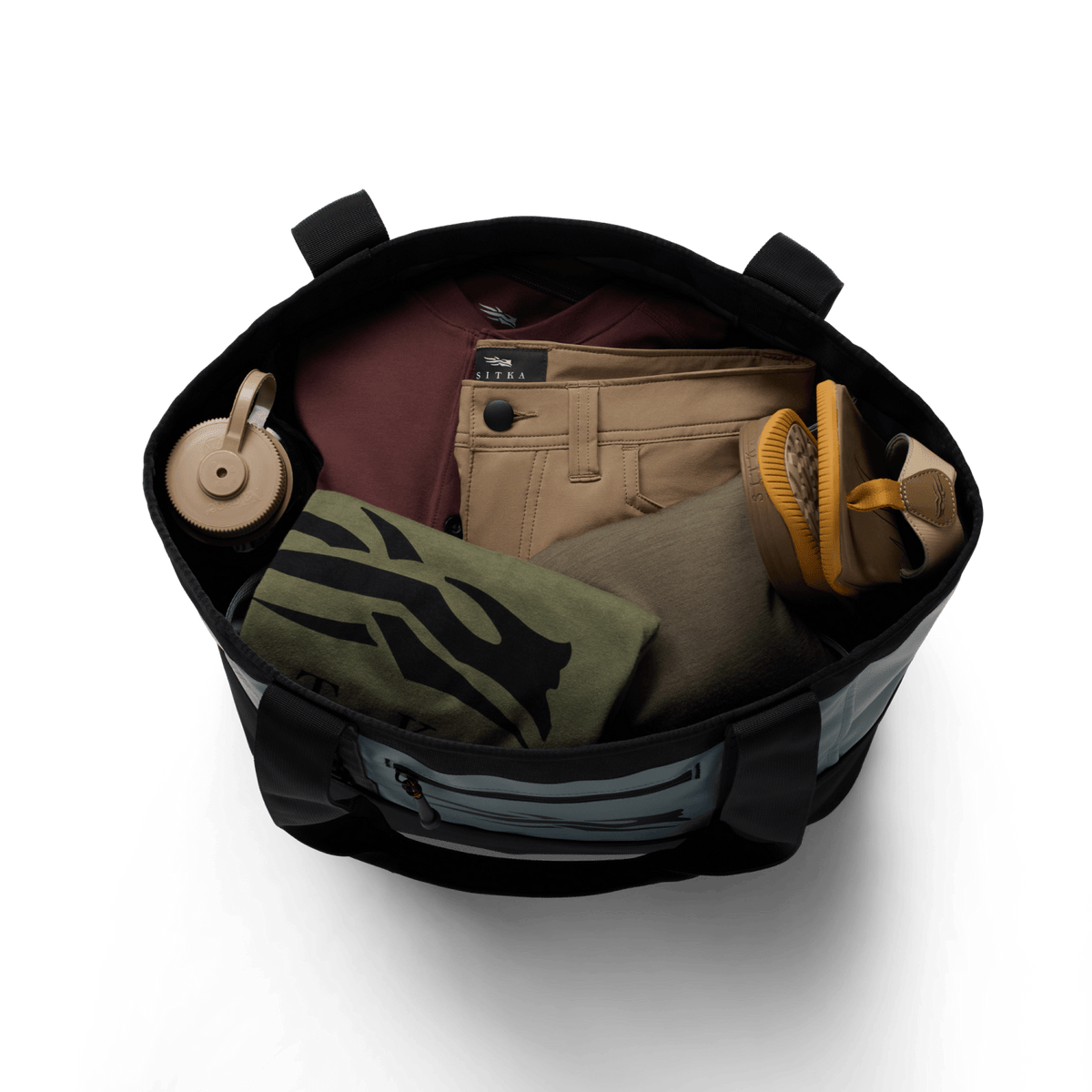 40L black tote bag with open top and side pockets, showing interior compartments