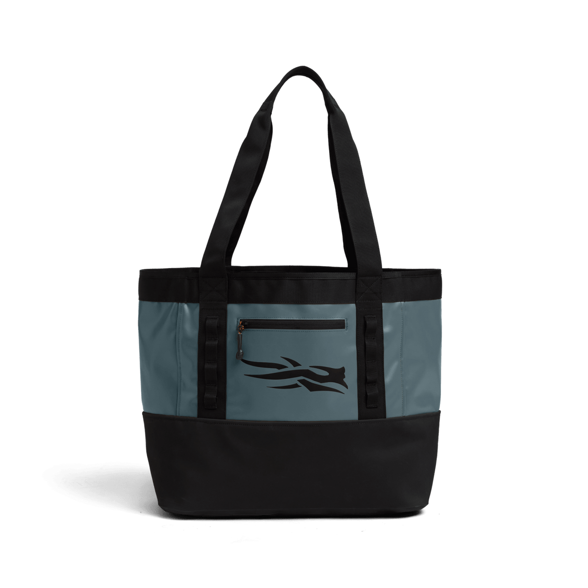 40L tote bag in gravel blue with black trim, top handles, and front logo graphic