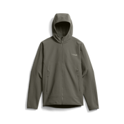 Gray fleece hooded jacket, full-zip front with chest logo and zip pockets