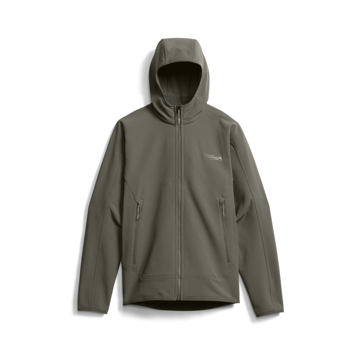 Gray fleece hooded jacket, full-zip front with chest logo and zip pockets