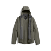 Khaki fleece hooded jacket with open front lining and adjustable hood