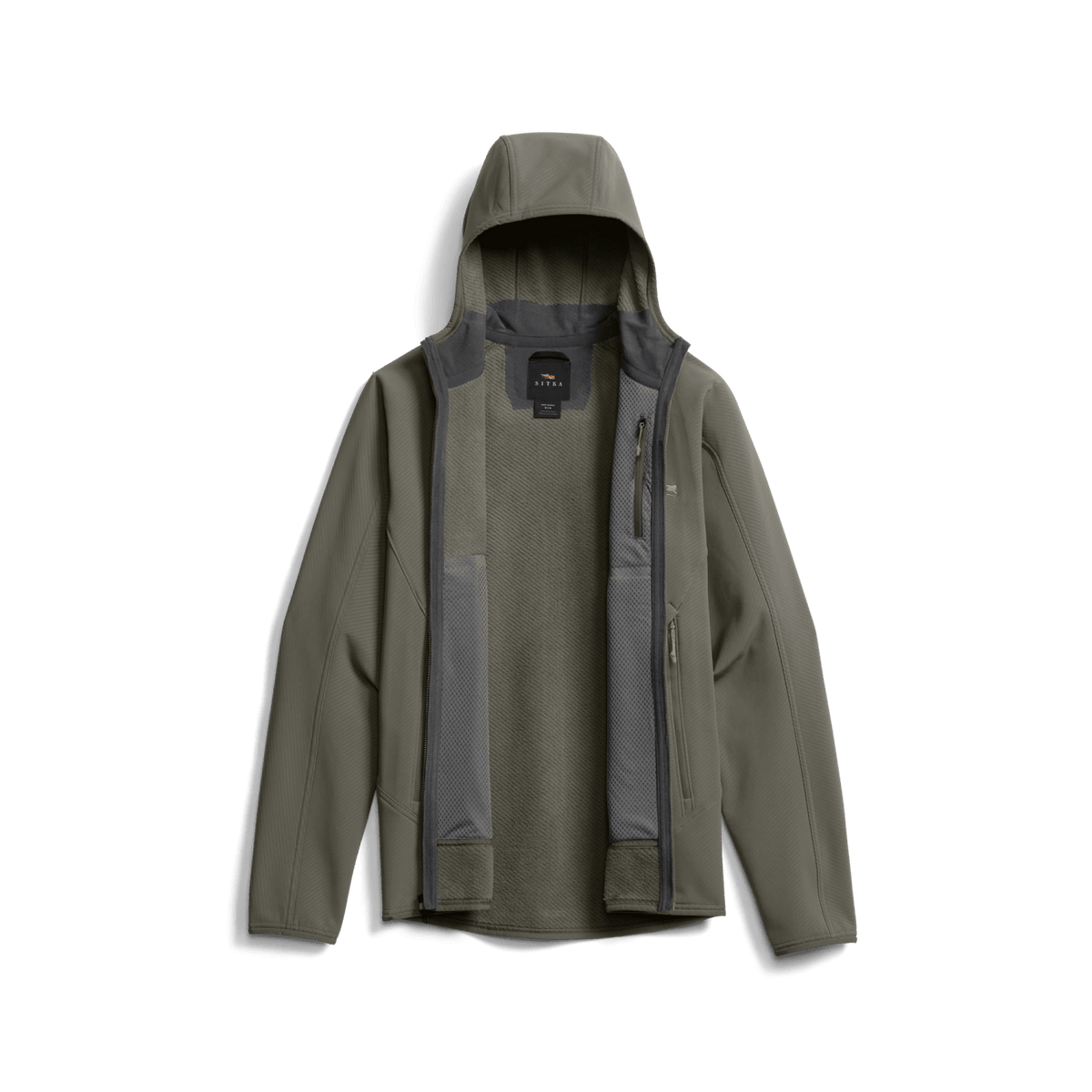Khaki fleece hooded jacket with open front lining and adjustable hood