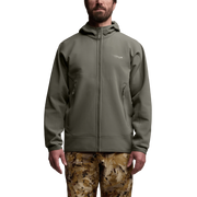 Gray-green fleece hooded jacket with full-zip front, hood, and side zip pockets