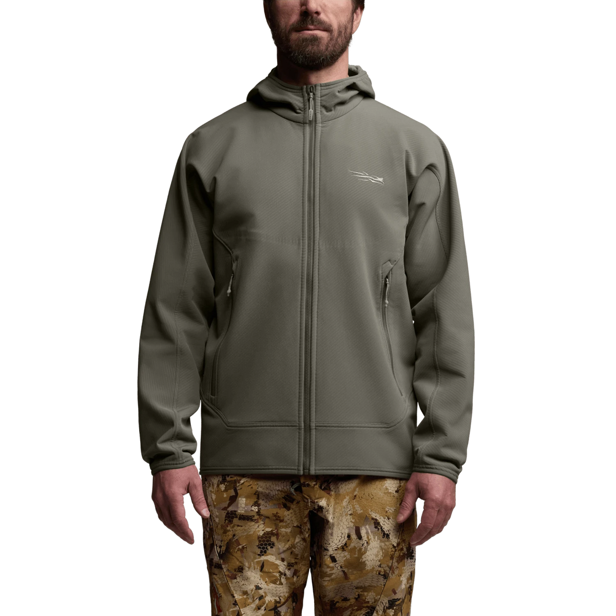 Gray-green fleece hooded jacket with full-zip front, hood, and side zip pockets