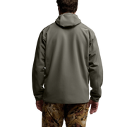 Gray fleece hooded jacket back view with hood and elastic cuffs