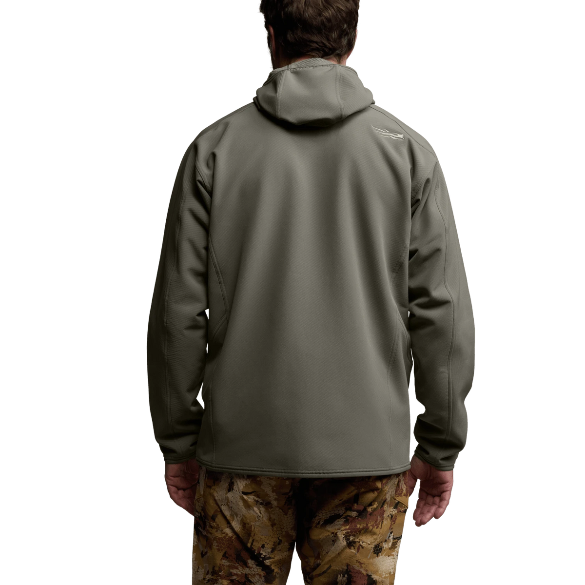 Gray fleece hooded jacket back view with hood and elastic cuffs
