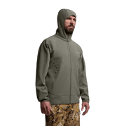 Olive green fleece hooded jacket with full-length front zipper and zip pockets