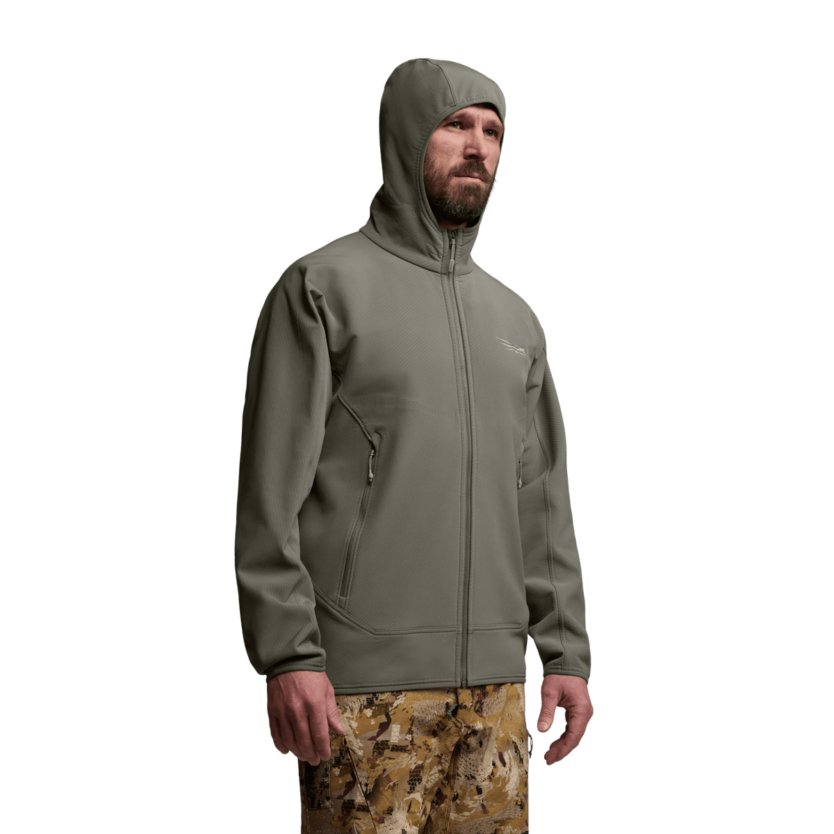 Olive green fleece hooded jacket with full-length front zipper and zip pockets