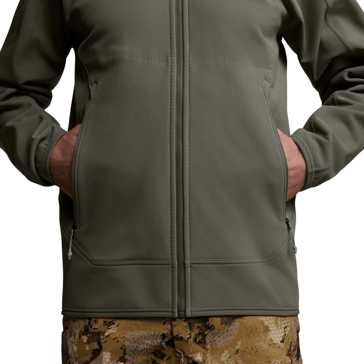 Close-up of dark green hooded fleece jacket front with zipper and side pockets