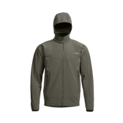 Olive gray fleece hooded jacket with hood, full-zip front, and side zip pockets