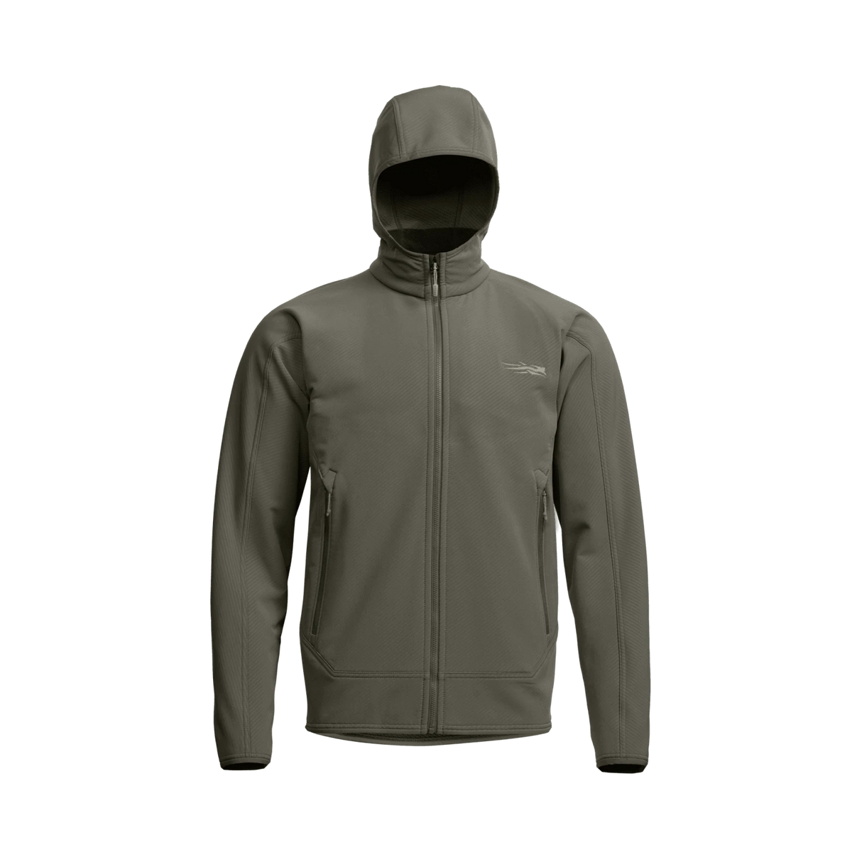 Olive gray fleece hooded jacket with hood, full-zip front, and side zip pockets