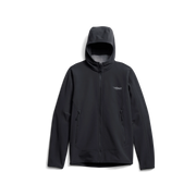 Fleece hooded jacket in dark gray/black, full-zip with stand collar and side pockets
