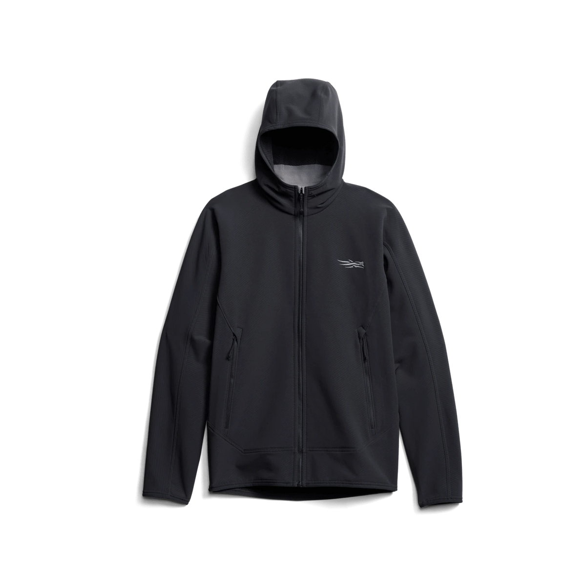 Fleece hooded jacket in dark gray/black, full-zip with stand collar and side pockets