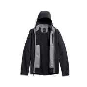 Hooded fleece jacket in dark charcoal with contrasting gray interior lining