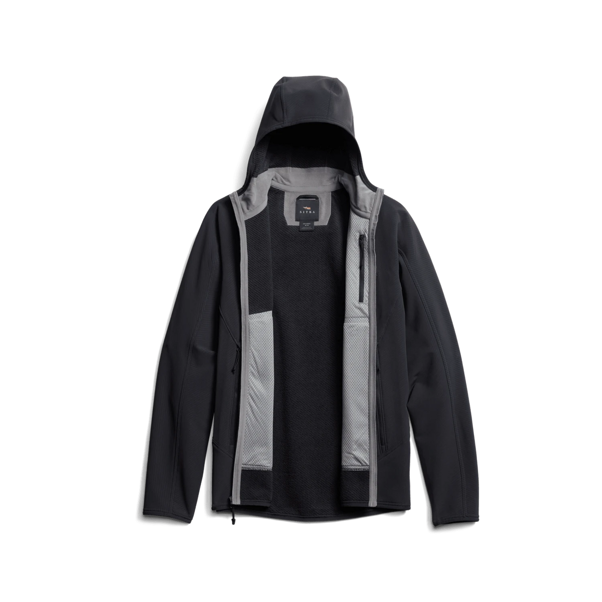 Hooded fleece jacket in dark charcoal with contrasting gray interior lining