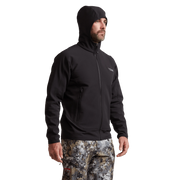 Black hooded zip fleece jacket, full-zip front with chest logo