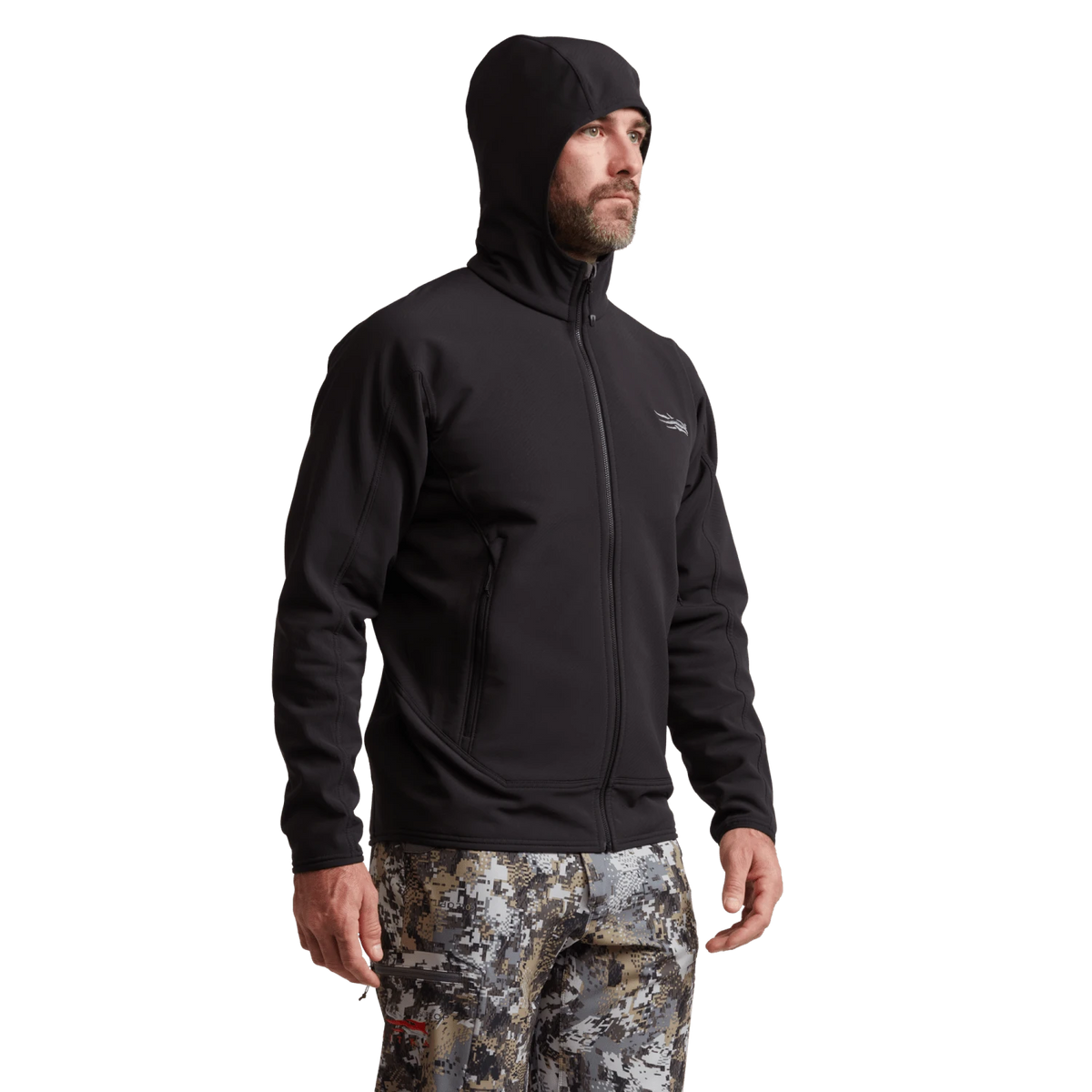 Black hooded zip fleece jacket, full-zip front with chest logo