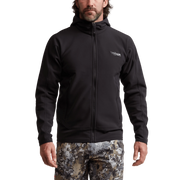 Black fleece hooded jacket with full-length zipper and small chest logo