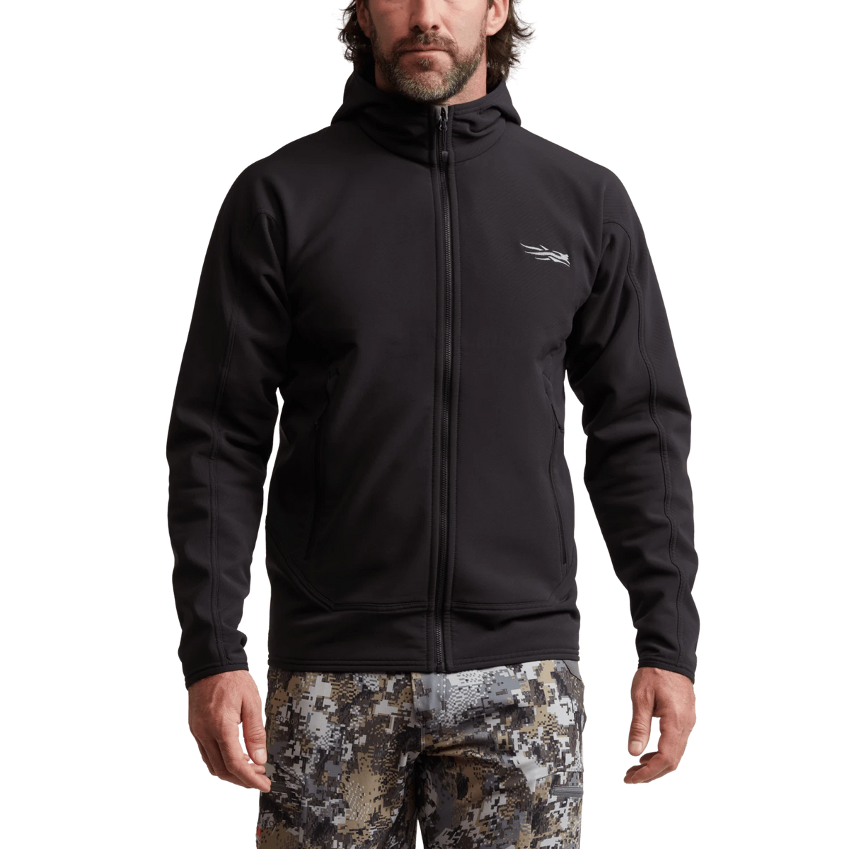 Black fleece hooded jacket with full-length zipper and small chest logo
