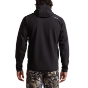 Dark fleece hooded jacket back view, hood with full-length zipper and elastic cuffs
