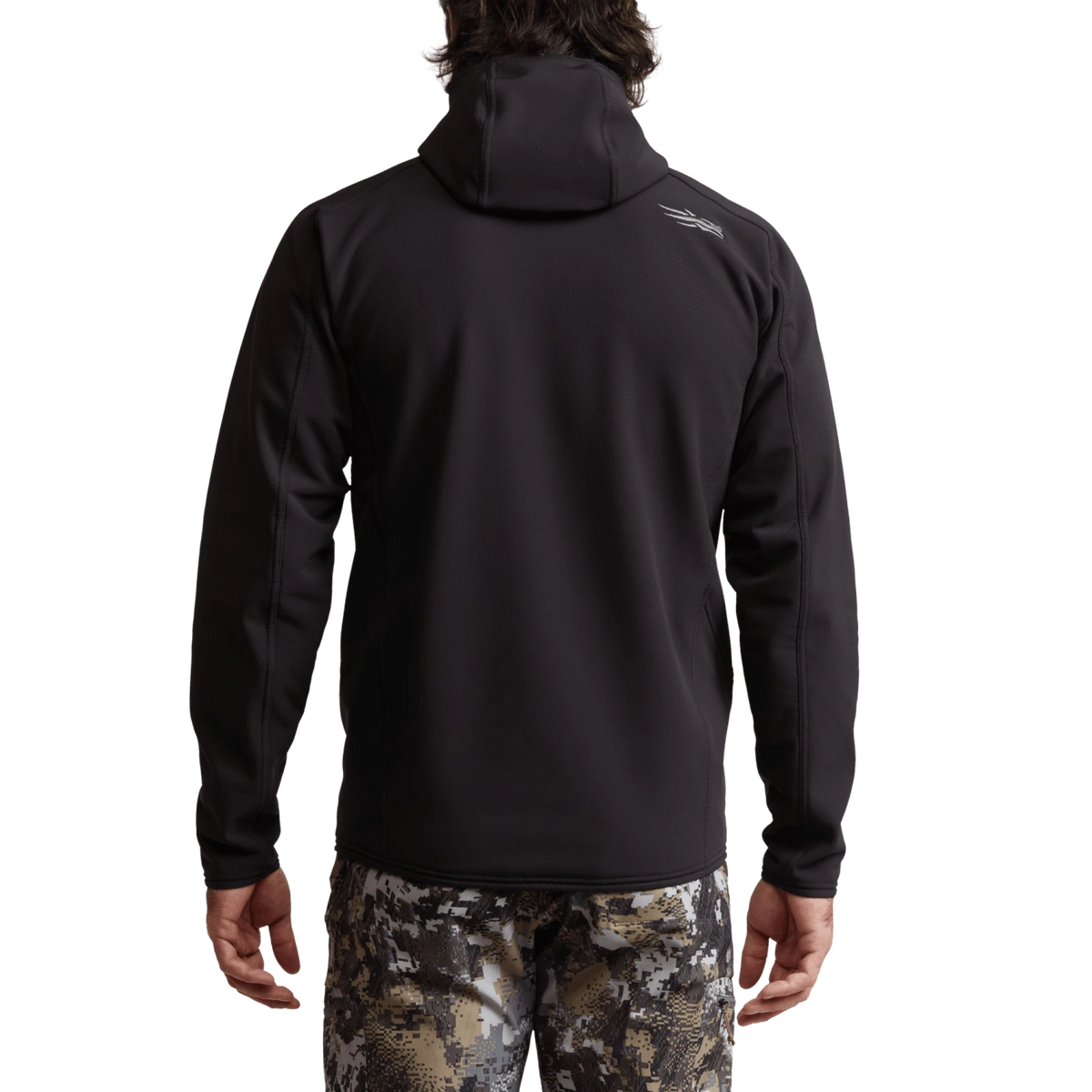 Dark fleece hooded jacket back view, hood with full-length zipper and elastic cuffs