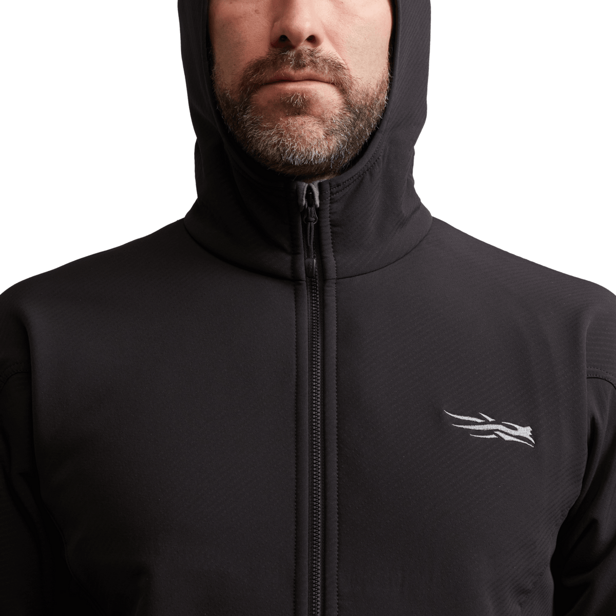 Black fleece hooded jacket, full-zip front with chest logo, close-up