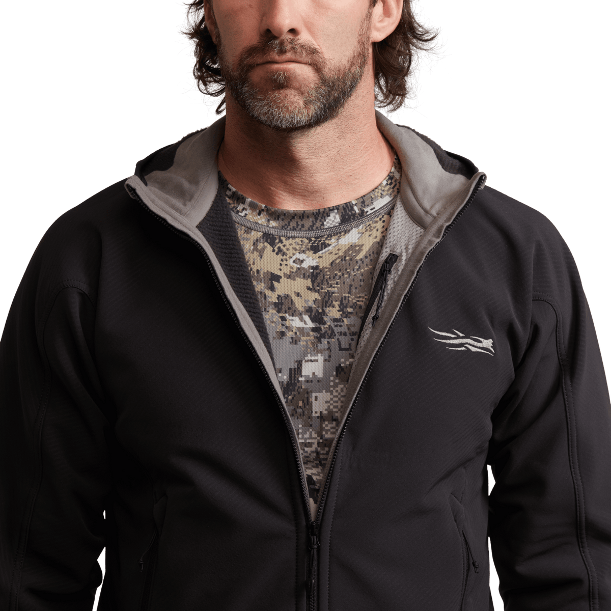 Black hooded zip fleece jacket with chest logo and high collar