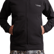Black fleece hooded jacket close-up with center zipper and front welt pockets