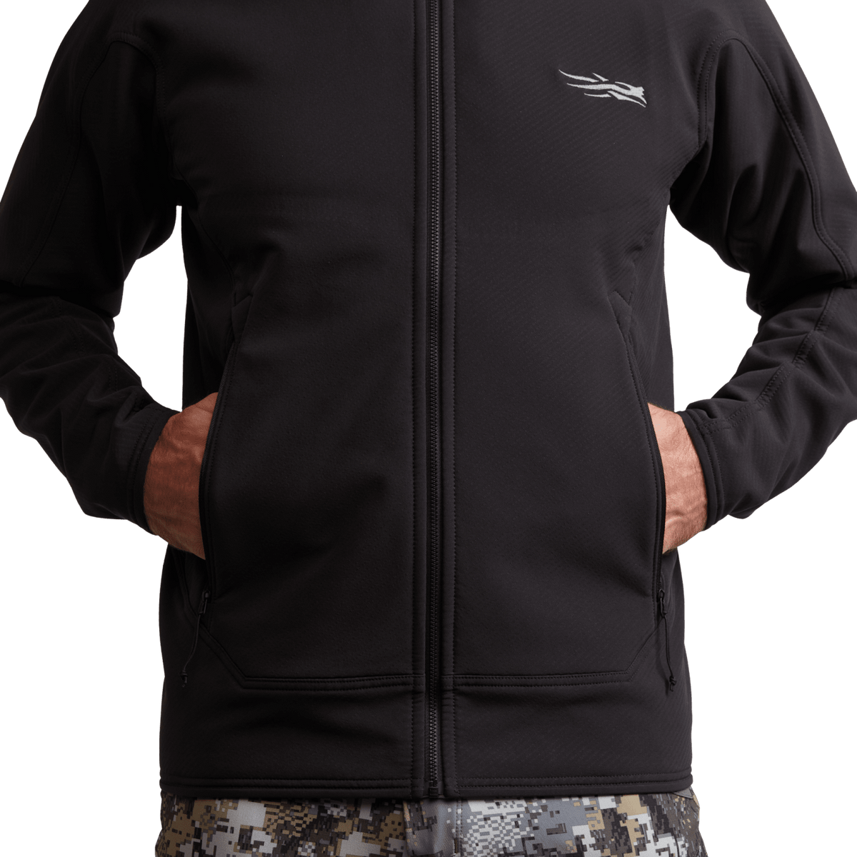 Black fleece hooded jacket close-up with center zipper and front welt pockets