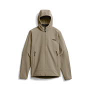 Beige hooded zip fleece jacket with chest logo and front zipper