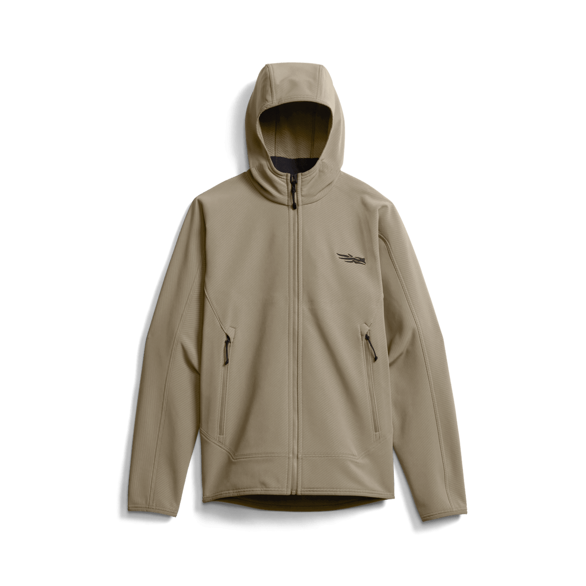 Beige hooded zip fleece jacket with chest logo and front zipper