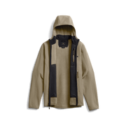 Hooded fleece jacket in tan with black trim and full front zipper