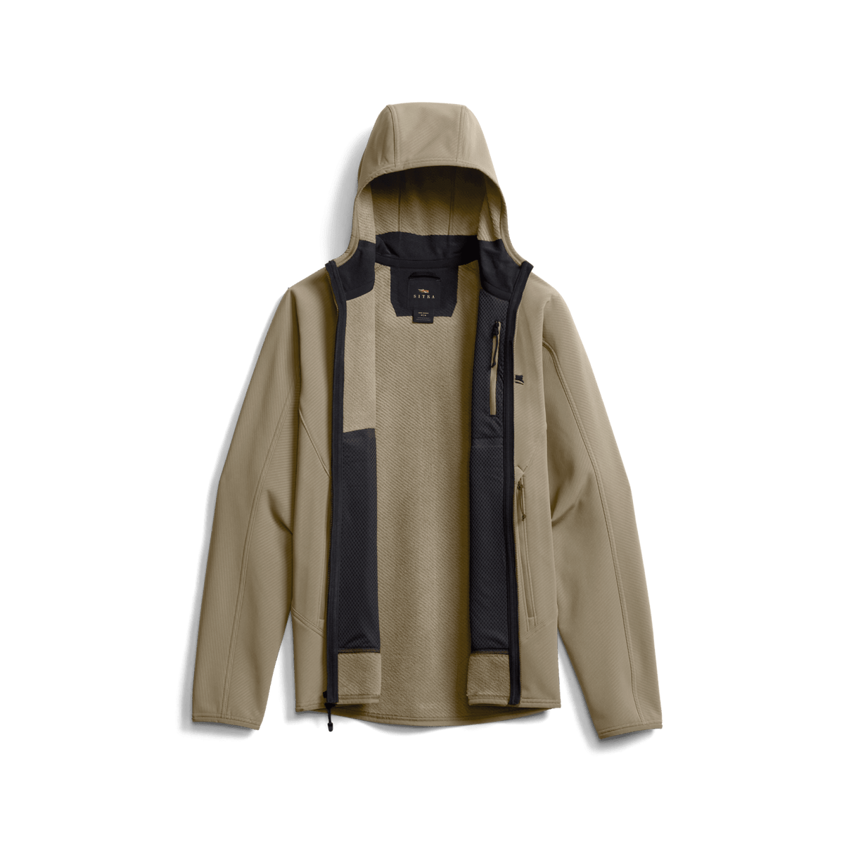 Hooded fleece jacket in tan with black trim and full front zipper