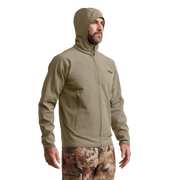 Beige hooded zip fleece jacket worn, chest logo and front zipper