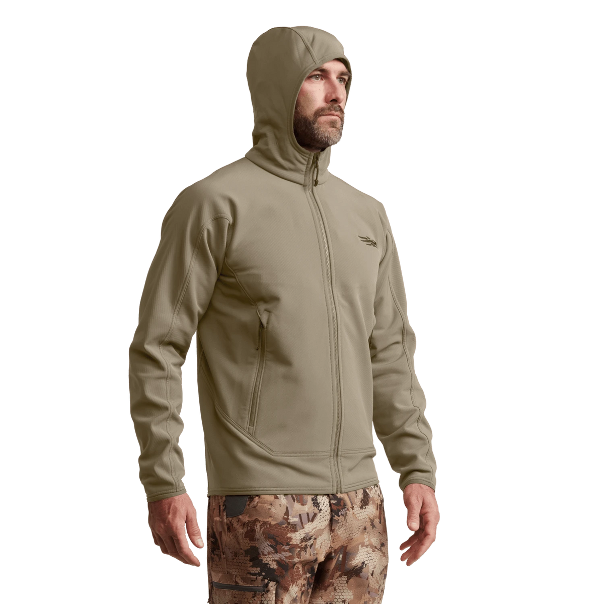 Beige hooded zip fleece jacket worn, chest logo and front zipper