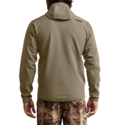 Khaki fleece hooded jacket back view with small logo on upper back