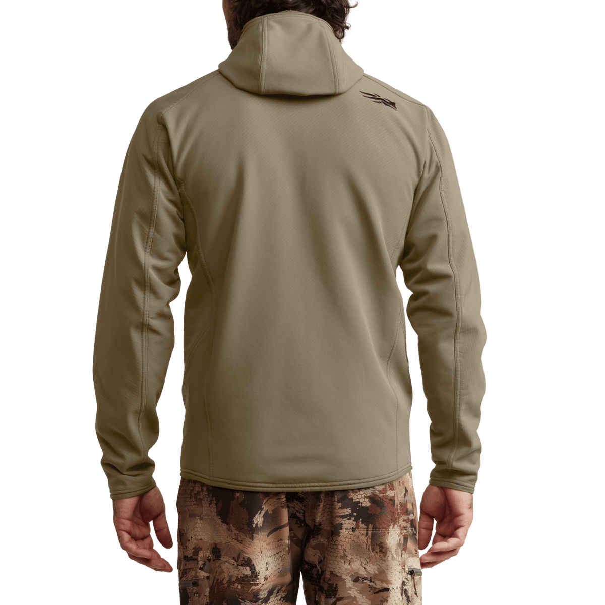 Khaki fleece hooded jacket back view with small logo on upper back