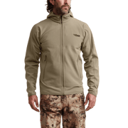 Beige hooded zip fleece jacket worn with chest logo and zip pockets