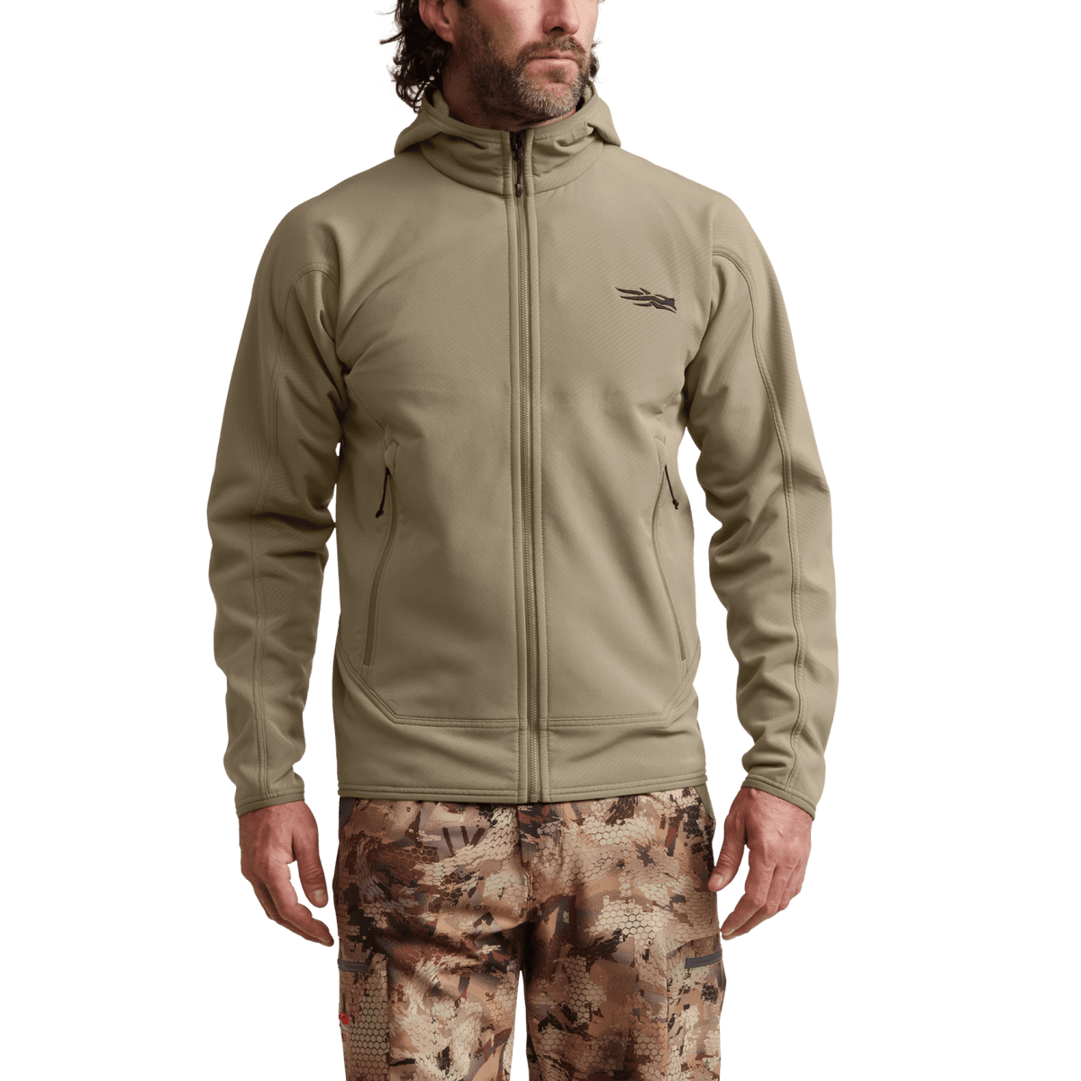 Beige hooded zip fleece jacket worn with chest logo and zip pockets
