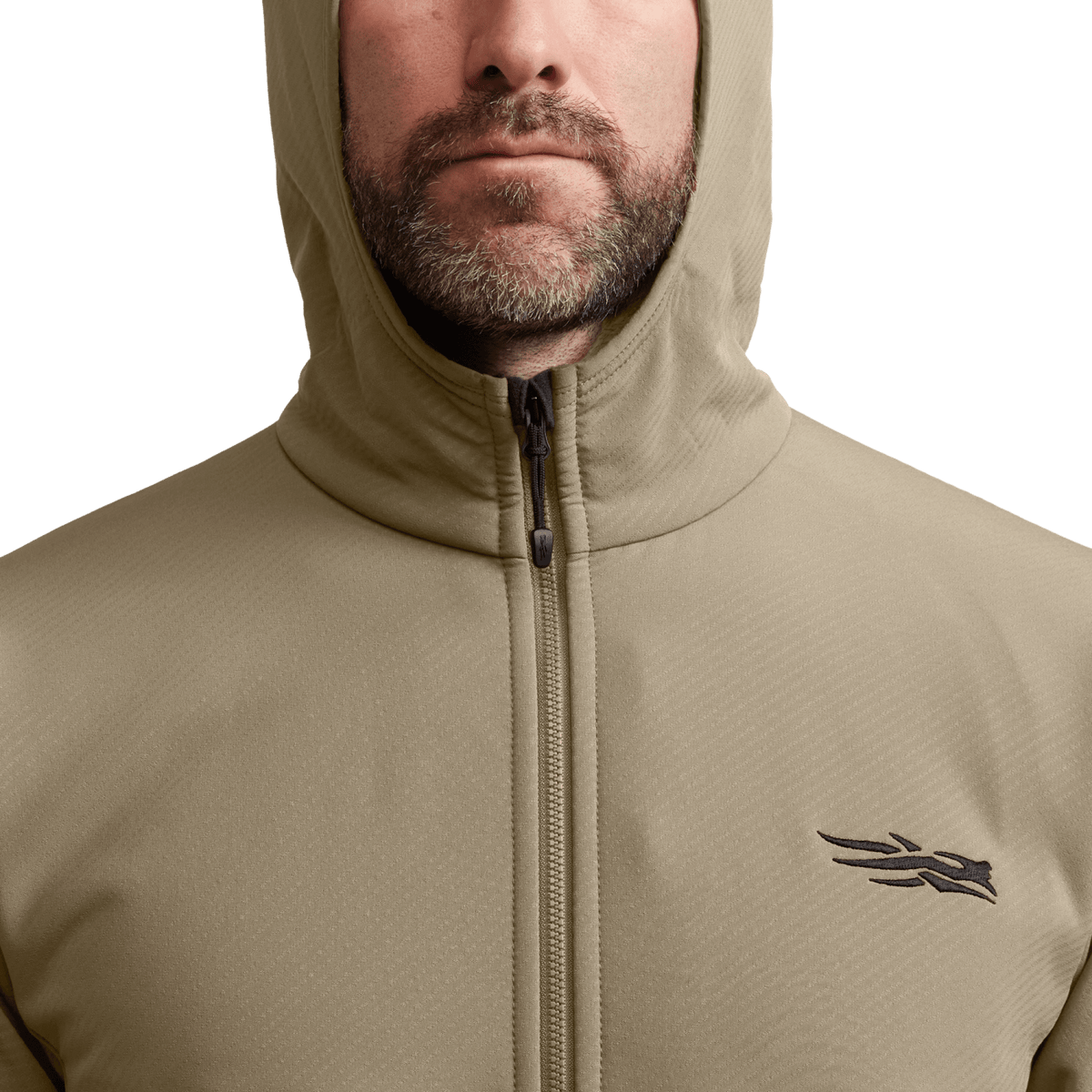 Tan fleece hooded jacket, full-zip front and chest logo, close-up view