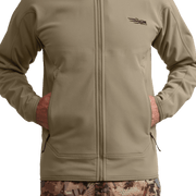 Beige hooded zip fleece jacket close-up showing front zipper and pockets