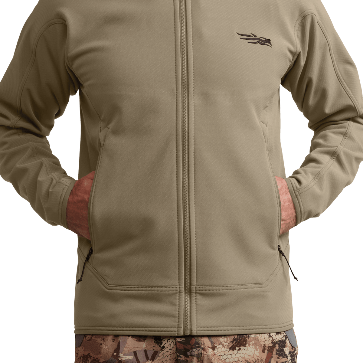 Beige hooded zip fleece jacket close-up showing front zipper and pockets