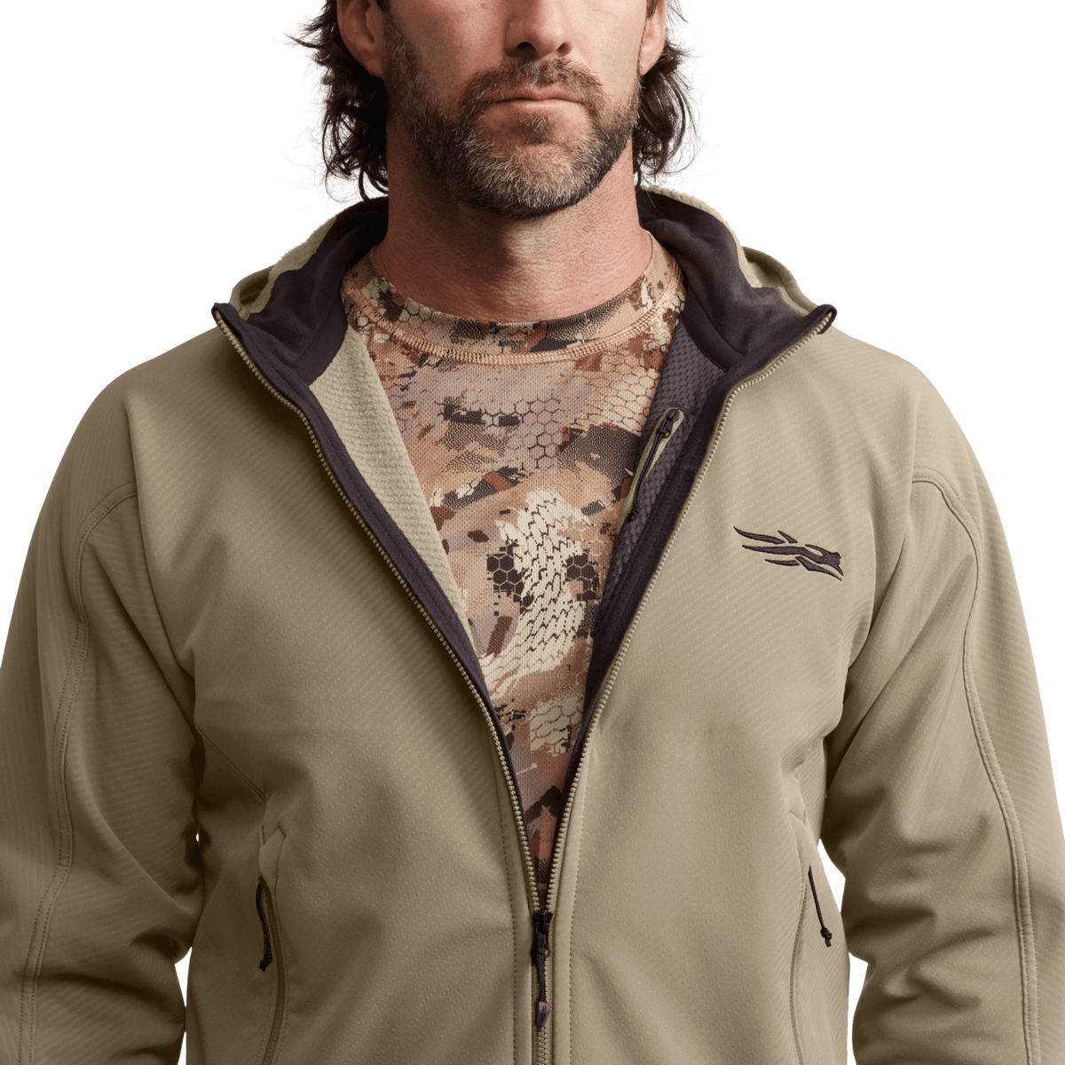 Khaki fleece hooded jacket close-up with front zipper and small chest logo