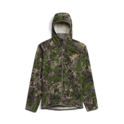 Green and brown camouflage hooded fleece jacket with front zipper