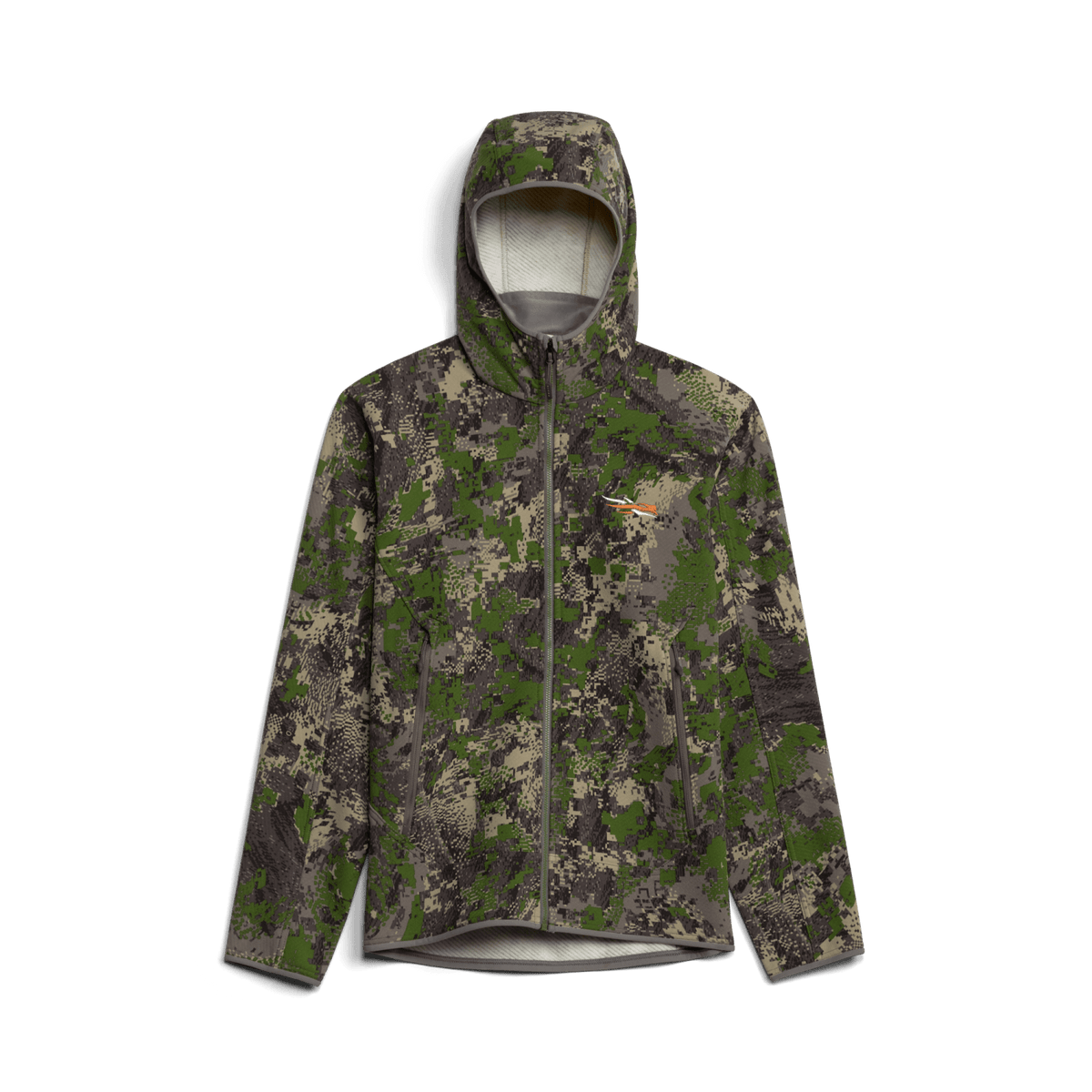 Green and brown camouflage hooded fleece jacket with front zipper