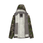 Camo-sleeve fleece hooded jacket with open front and light gray lining